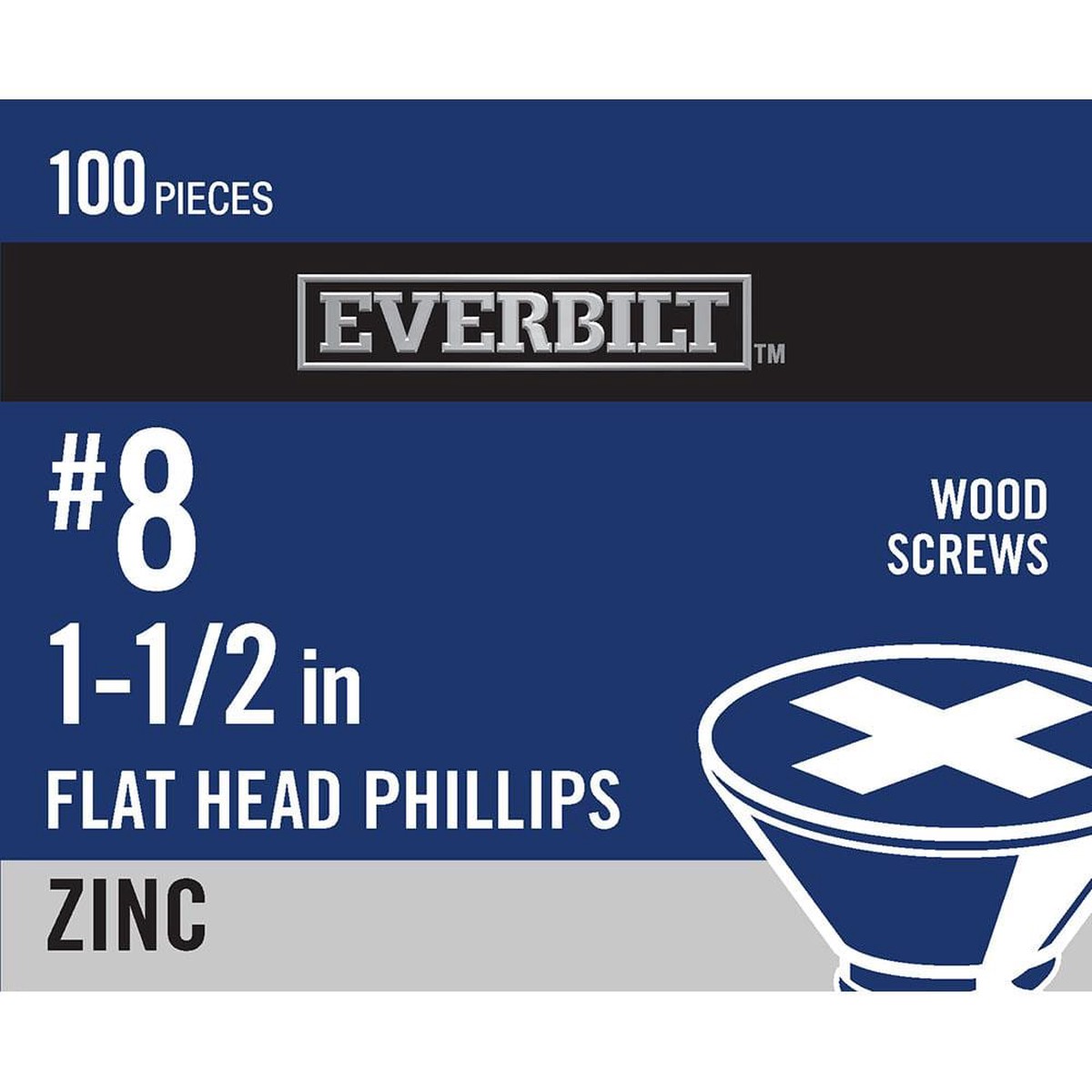 #8 x 1-1/2 in. Zinc Plated Phillips Flat Head Wood Screw (100-Pack) - Everbilt
