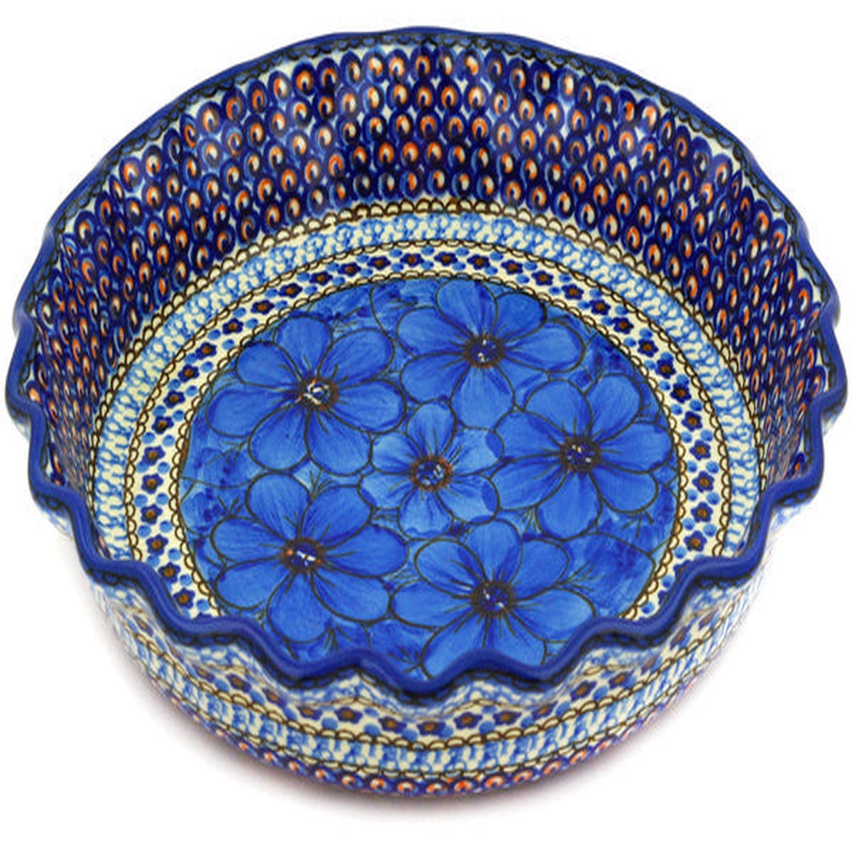 Polish Pottery 10" Fluted Pie Dish Cobalt Poppies UNIKAT