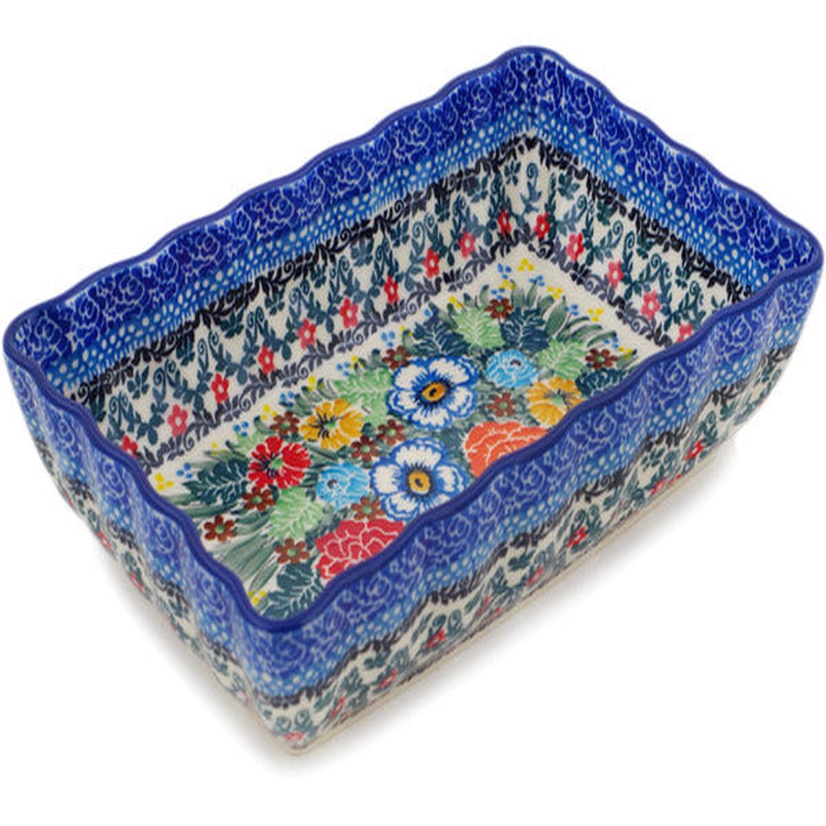 Polish Pottery 9" Rectangular Baker Delightful Motif UNIKAT