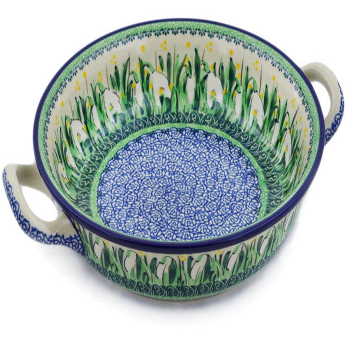 Polish Pottery Medium Round Baker with Handles Snowdrops UNIKAT