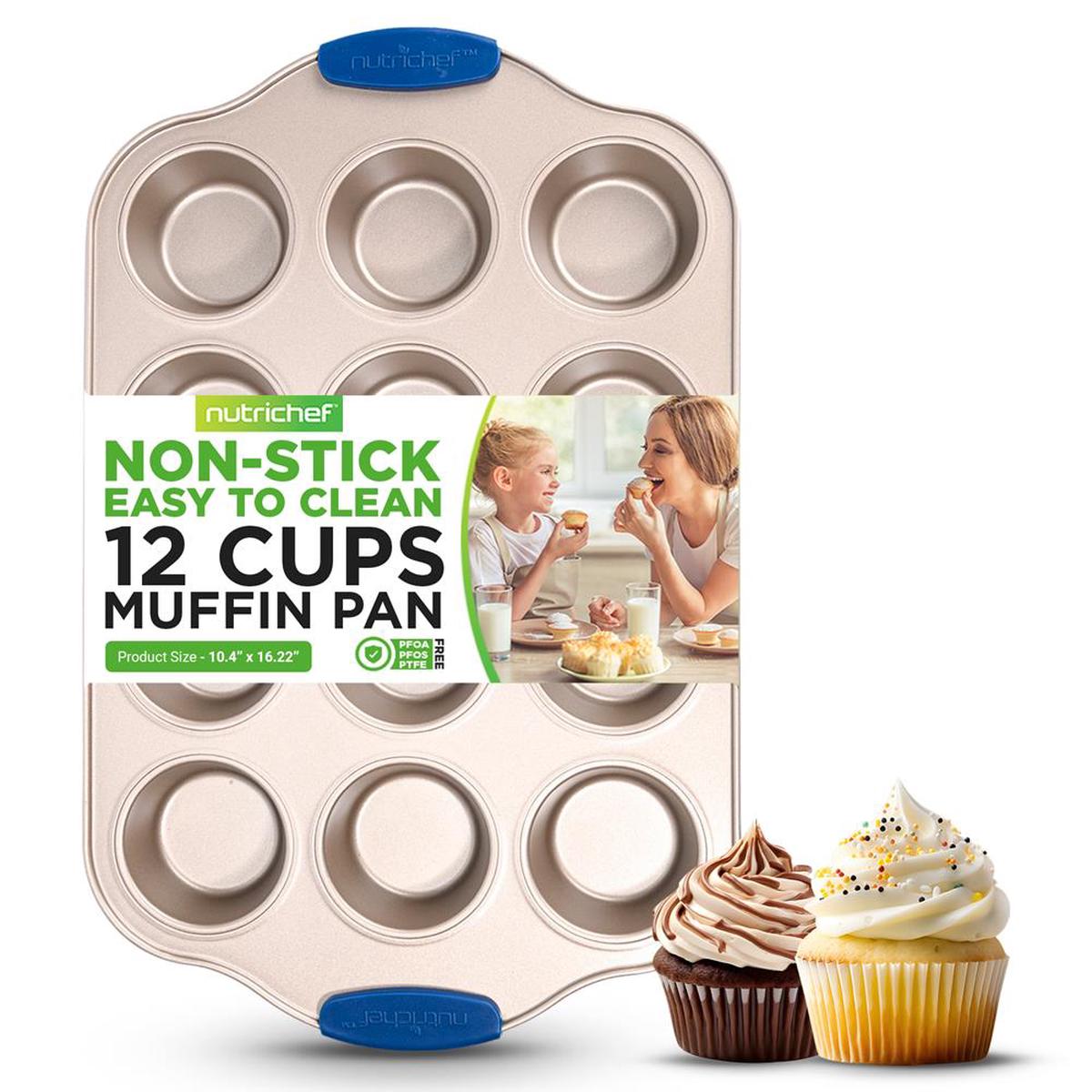 12 Cup Muffin Pan - Deluxe Nonstick Gold Coating Inside & Outside With Blue Silicone Handles, Compatible With Models: Ncsbsg78, Ncsbsg60, Ncsbsg36 (Gold)