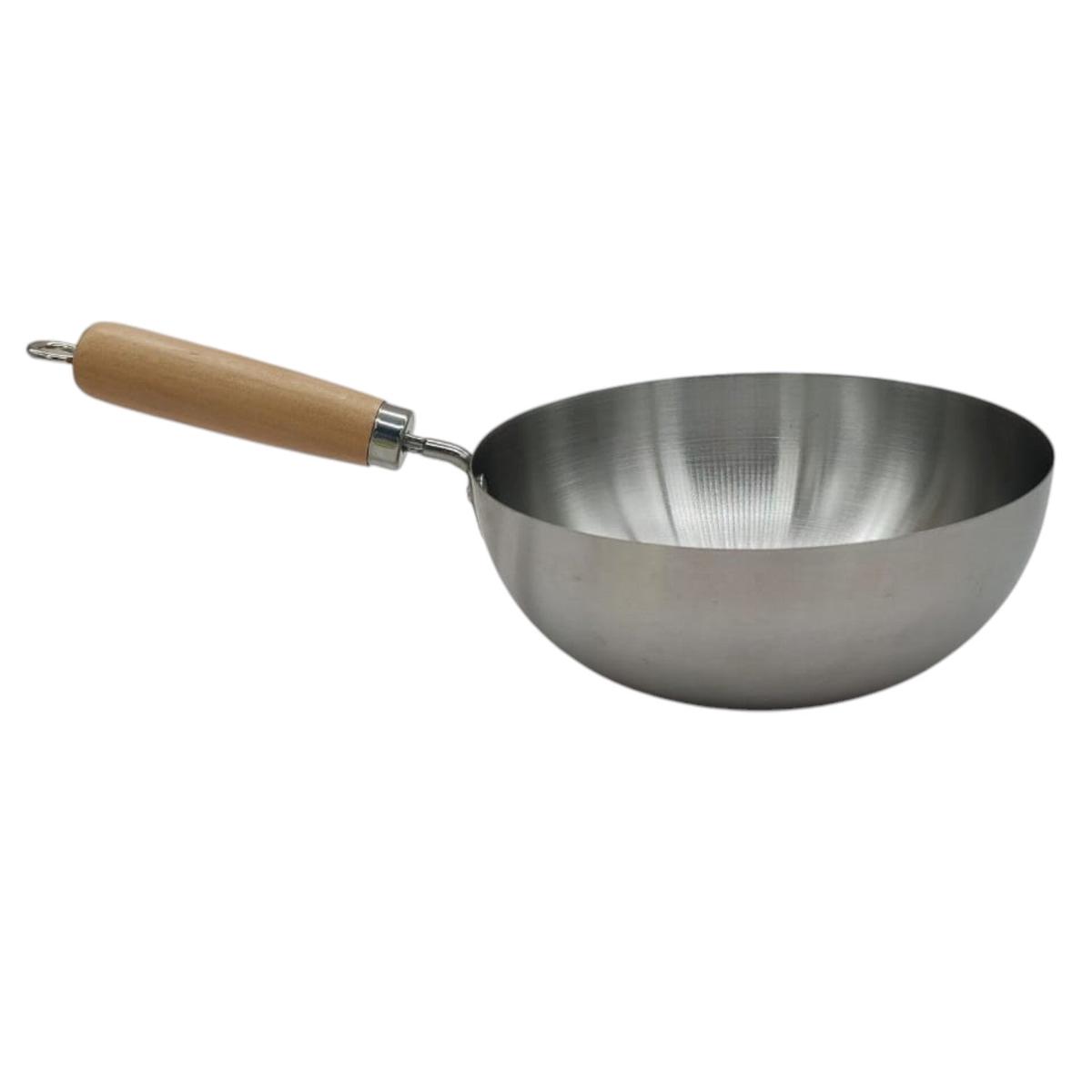 AKDC Stainless Steel Wok Pan Stir Fry Pan Deep Frying Wok Frying Skillet with Wooden Handle-1.8 Liter-39cm