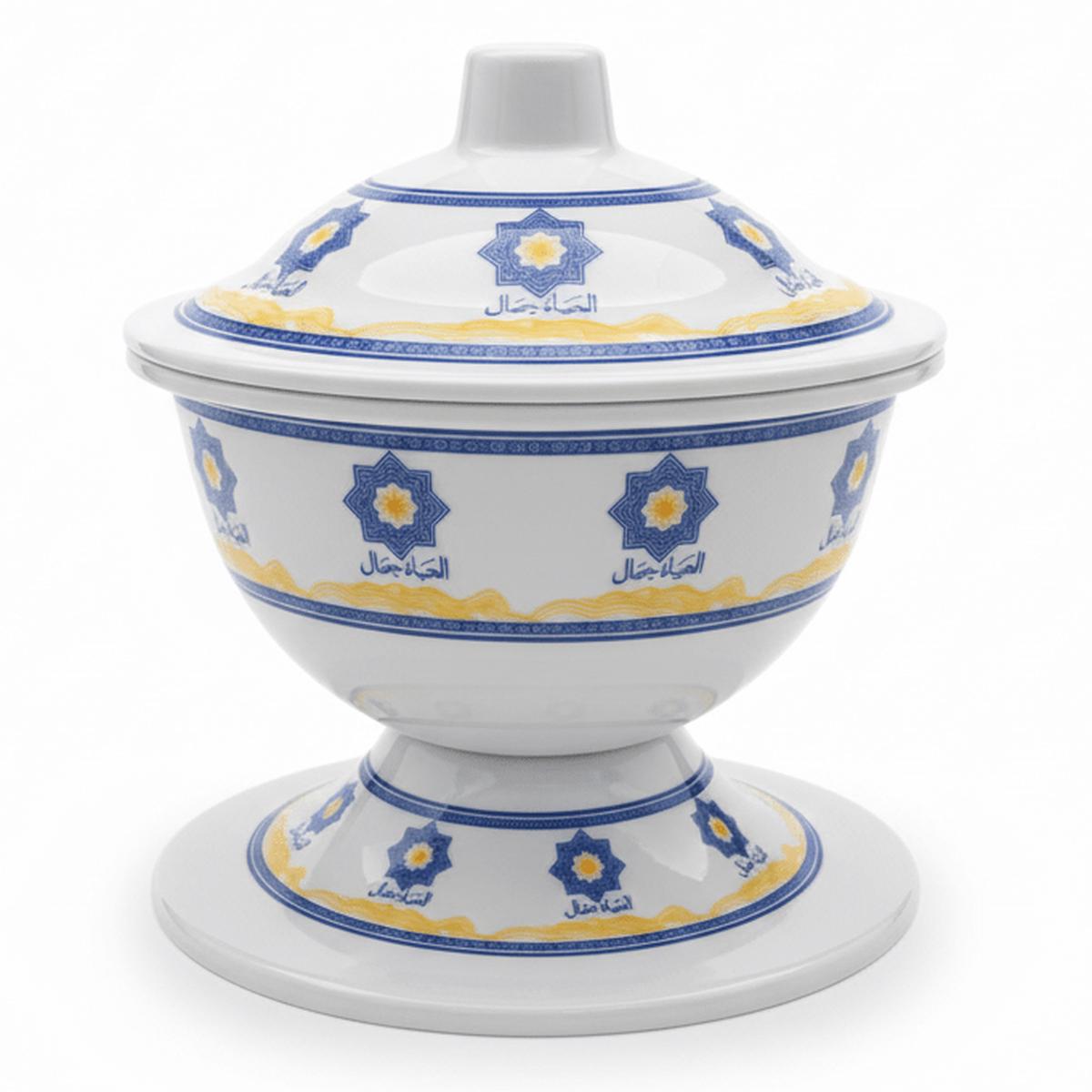 AKDC Footed Melamine Bowl with Lid  Arabic Art Design, Elegant Serving Bowl for Dining Table & Kitchen (16  12 cm)