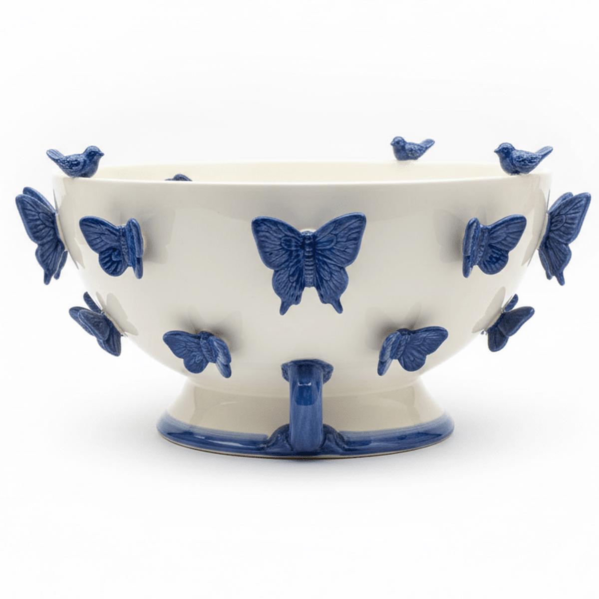MayFlower Butterfly Bloom White Ceramic Fruit Bowl with Blue Butterfly Design Elegant Serving Bowl 302115cm